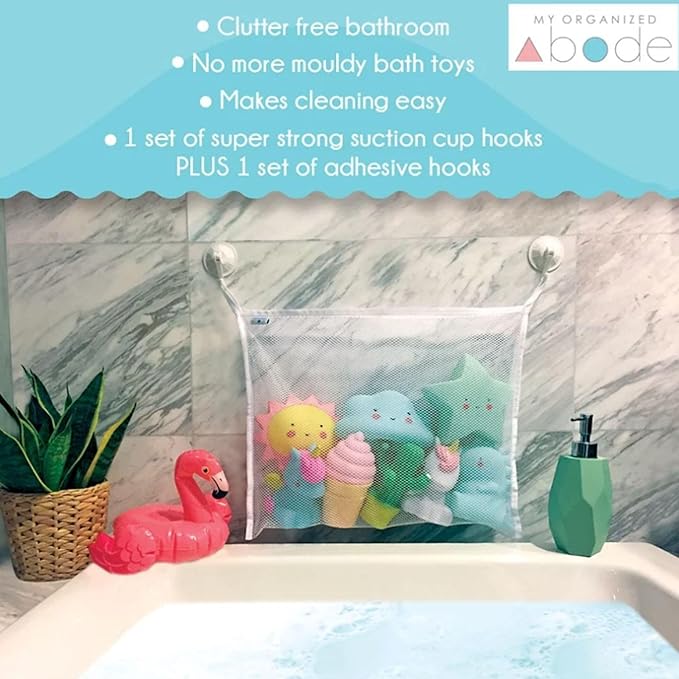 Bath Toy Organizer Includes Suction Cup Hooks and Adhesive Hooks and Tub Toy Mesh Bag White