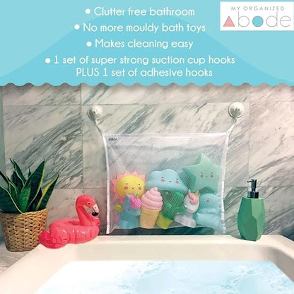 Bath Toy Organizer Includes Suction Cup Hooks and Adhesive Hooks and Tub Toy Mesh Bag White