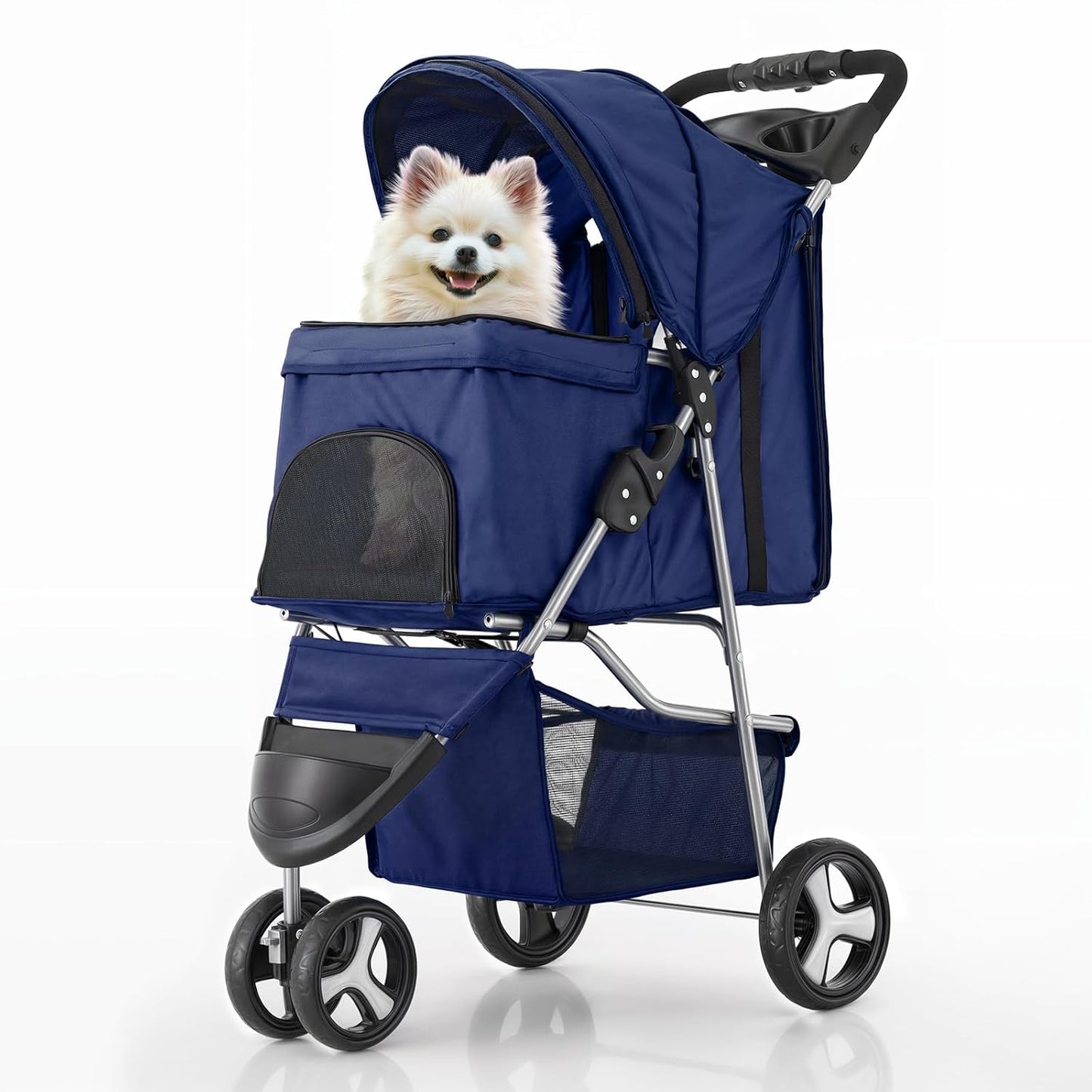 MoNiBloom Foldable Pet Stroller with Weather Cover, 3 Wheels Pet Strolling Cart for Small/Medium Dogs and Cats with Storage Basket and Cup Holder, Breathable and Visible Mesh for All-Season, Black