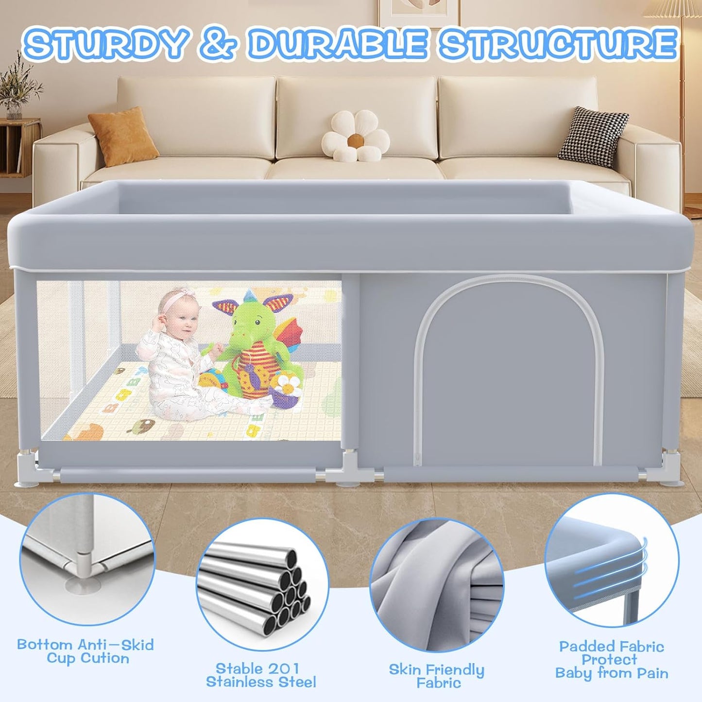 XVISHX Baby Playpen 50 x 50 Inch Play Pen Playards, Playpen for Babies and Toddlers, Baby Playard for Indoor & Outdoor Active Center Game Fence, with Skin-Friendly Fabric and Soft Breathable Mesh Grey