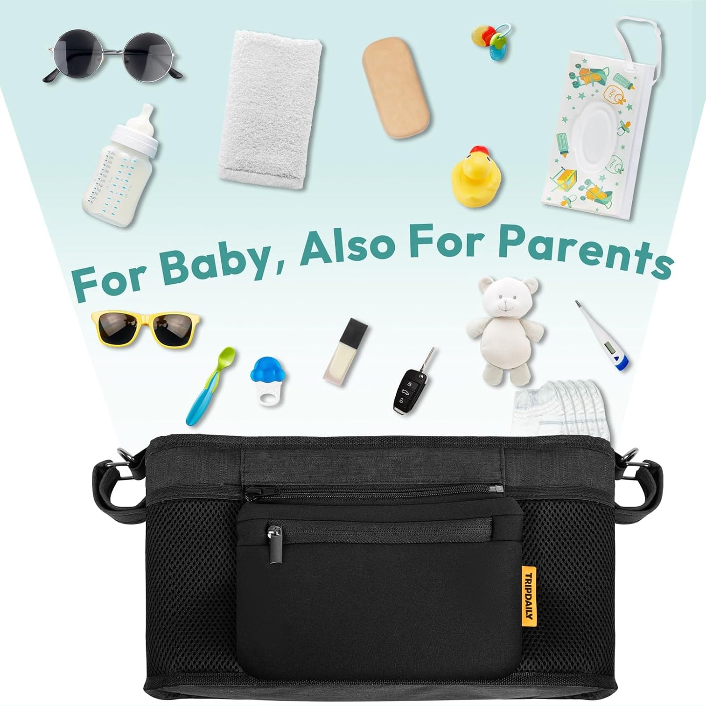 Parent Console Fits for Wonderfold W2&X2, Wagon Stroller Organizer with 2 Insulated Cup Holders, Multiple Storage Pockets, Detachable Pouch, Removable Shoulder Strap, Essential of Family