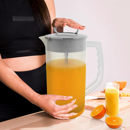 1 Pack Mixing Pitcher for Drink, 2 Quart/ 64oz Plastic Water Pitcher with Lid and Clean Sponge Brush, Angled Plastic Blades and Adjustable Mixer Plunger for Juice, Milk, Beverage Container