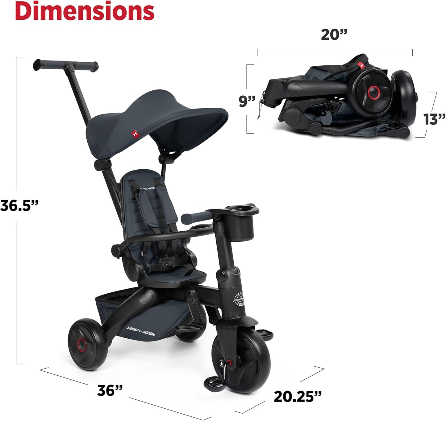 Radio Flyer Coast Folding Stroller Trike, for Kids 6 Months-3 Years, Lightweight, Compact, 4 Riding Modes, UV Canopy, 5Point Harness, Safety Bar, Cup Holder, Storage, Stroller Tricycle for Toddlers