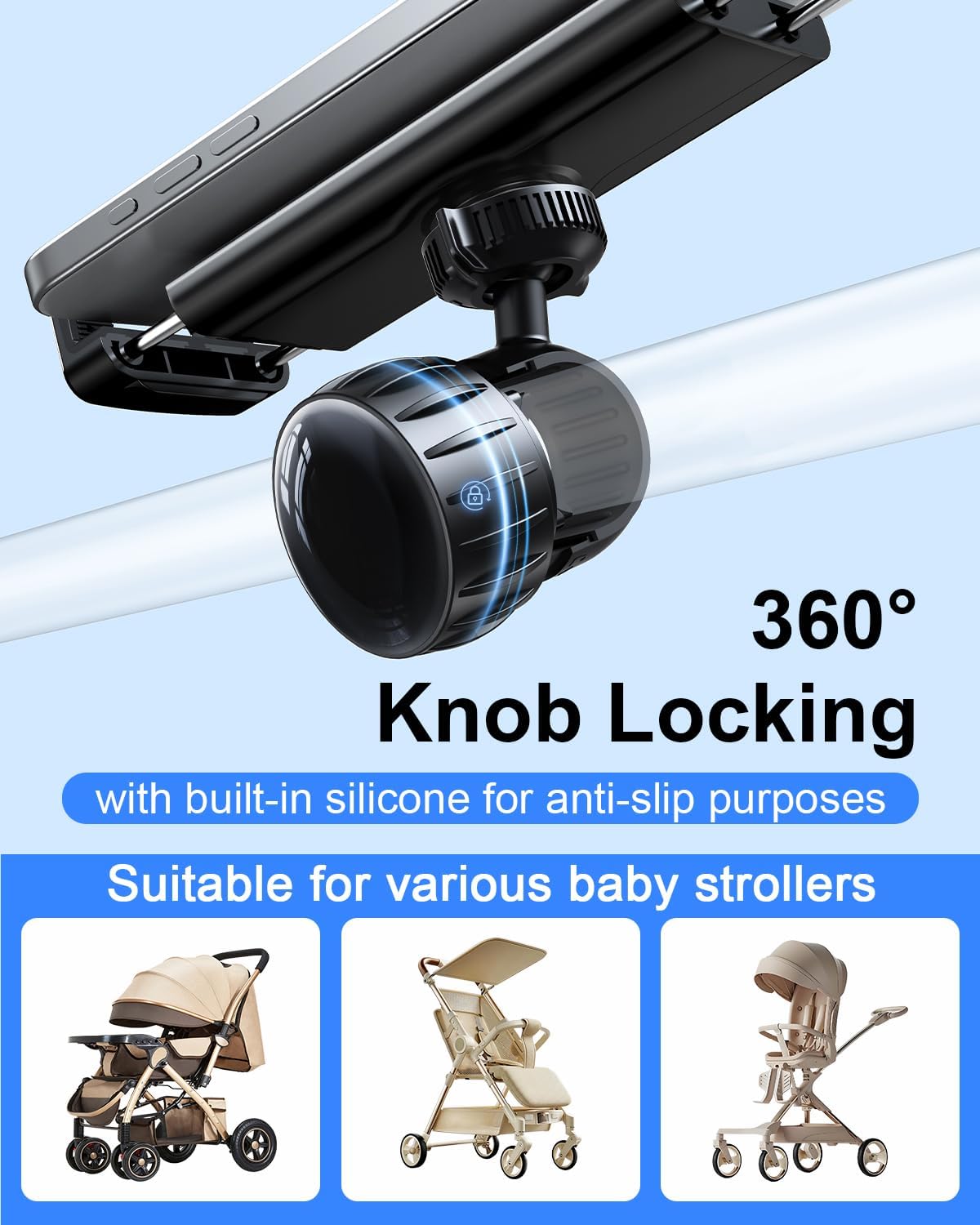 OATSBASF Stroller Phone Holder, Cell Phone Mount Pole Clamp for Baby Stroller, 360 Degree Rotation Phone Holder for Stroller Golf Cart Bike Shopping Carts, for iPhone 16 15 Pro Max 14 13, Smartphones