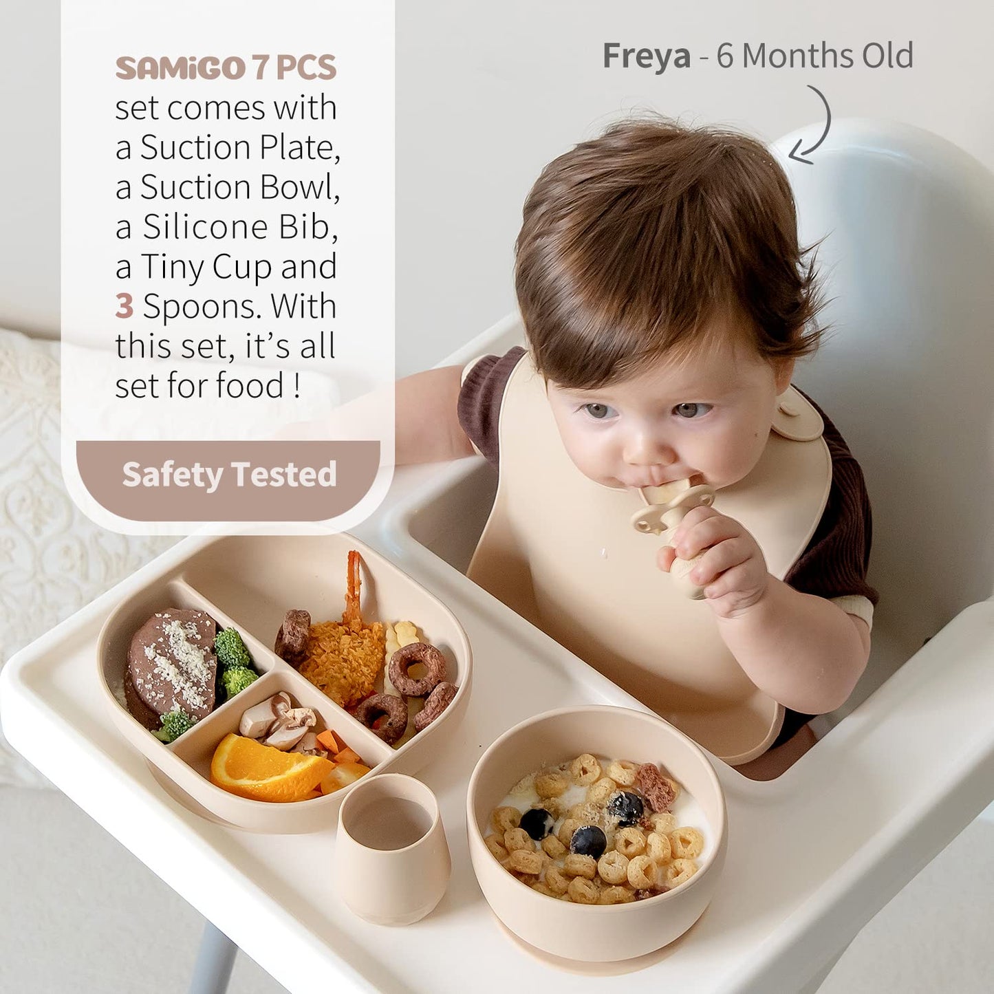SAMiGO Silicone Baby Feeding Set, Baby Led Weaning Supplies, Suction Bowl Plate Bib Cup Self Feeding Spoons, Solid Food Eating Essentials, First Stage Utensils, 6+ Months