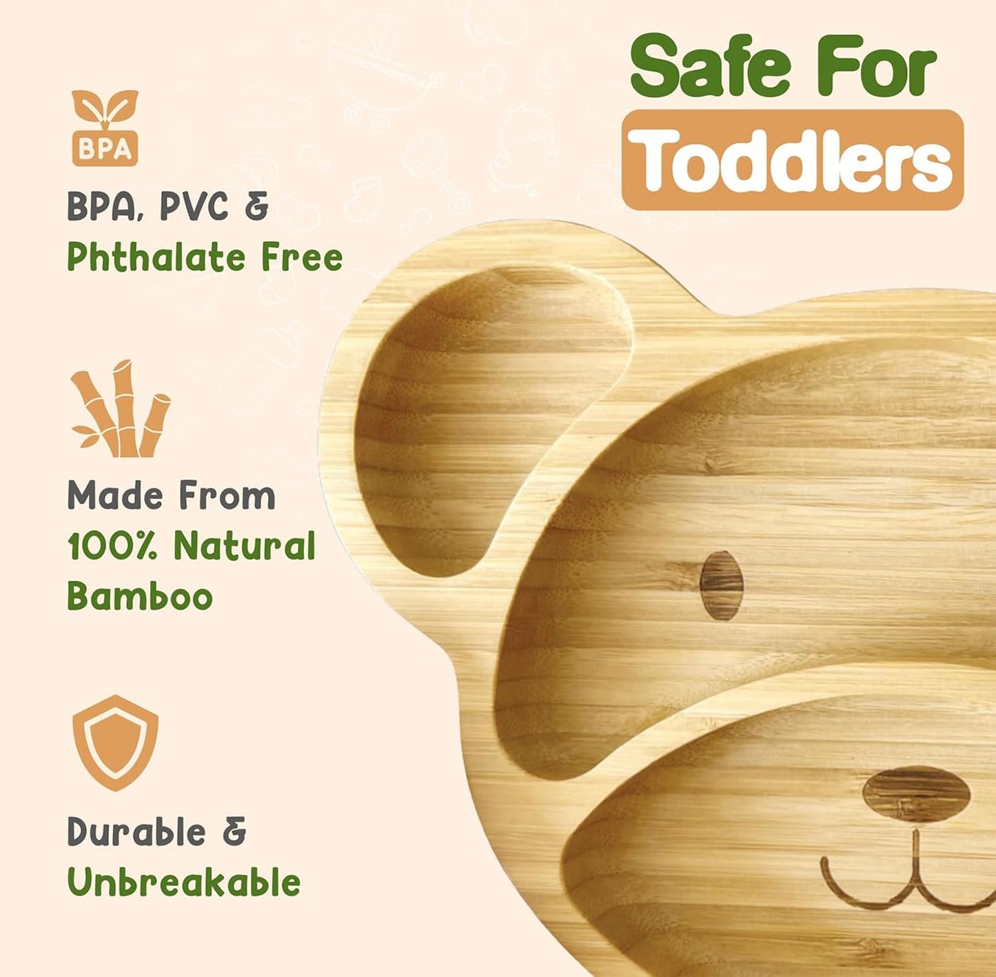 Bamboo Plates for Kids - Baby & Toddler Plates with Suction for Feeding & Weaning, Eco-Friendly Bear Design Promotes Self-Feeding, Ideal for Busy Moms & Dads, Sturdy & BPA-Free (Pink)