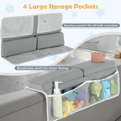 Baby Bath Kneeler and Elbow Rest Pad Set, 1.5 Inch Thick Memory Foam Soft Bath Kneeler with Bath Toys Organizer, Non-Slip, Quick-Dry, Foldable Kneeling Mat, Ideal Gift for Parents, Gray