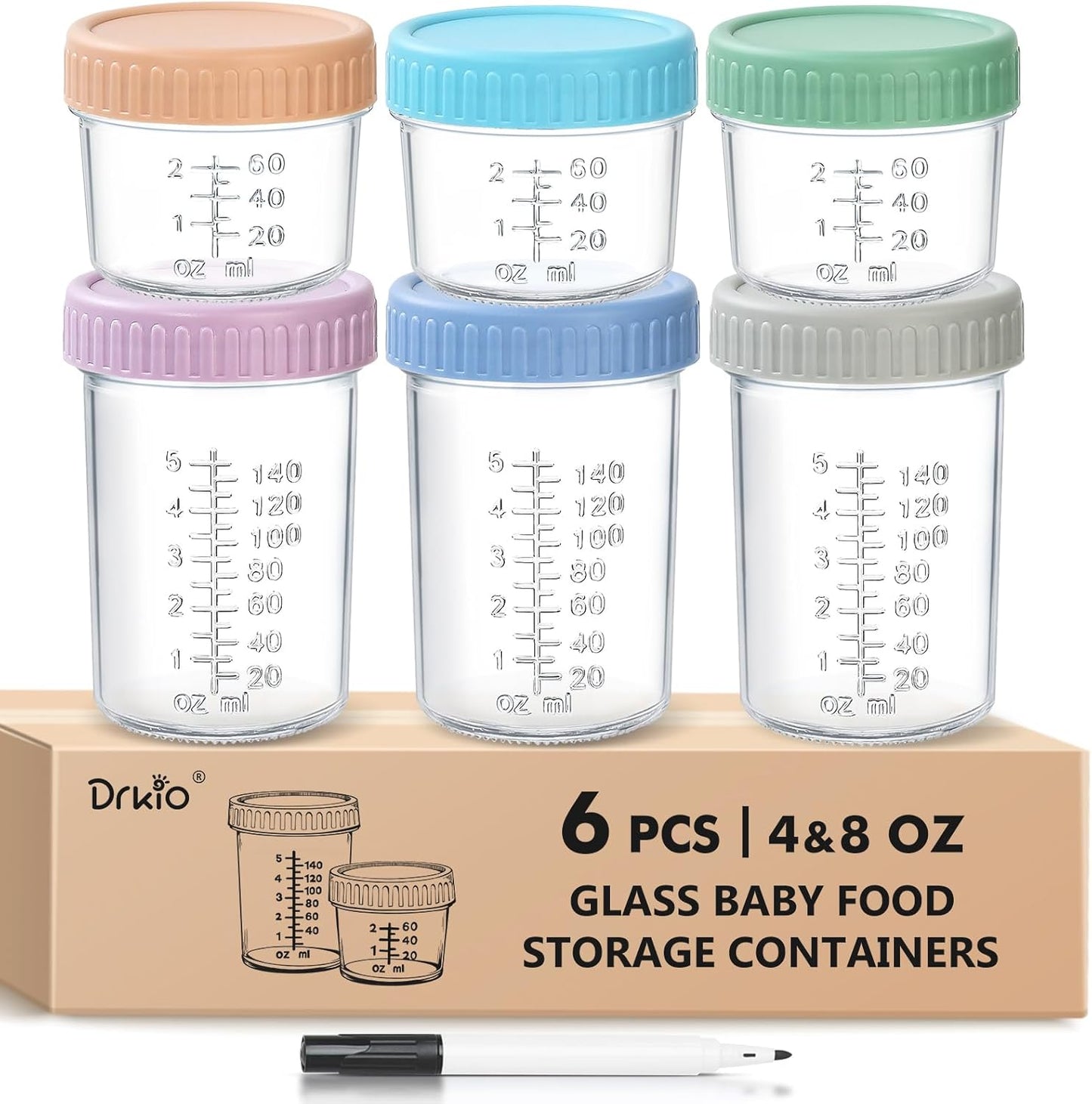 DRKIO 6 Pack Glass Baby Food Storage Containers - 4 Oz Baby Food Jars with Lids Baby Food Maker Microwave Dishwasher Freezer Safe 100% Leak Proof BPA Free Reusable