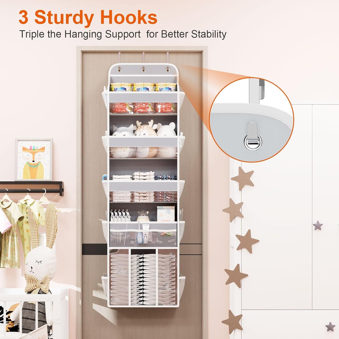 OneDream Over the Door Organizer for Nursery, 5-Tier Baby Clothes Organizer with Removable Storage Caddy, Hanging Behind Door Storage with Clear Pockets and Side Mesh Compartments, Grey