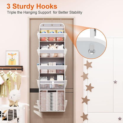 OneDream Over the Door Organizer for Nursery, 5-Tier Baby Clothes Organizer with Removable Storage Caddy, Hanging Behind Door Storage with Clear Pockets and Side Mesh Compartments, Grey