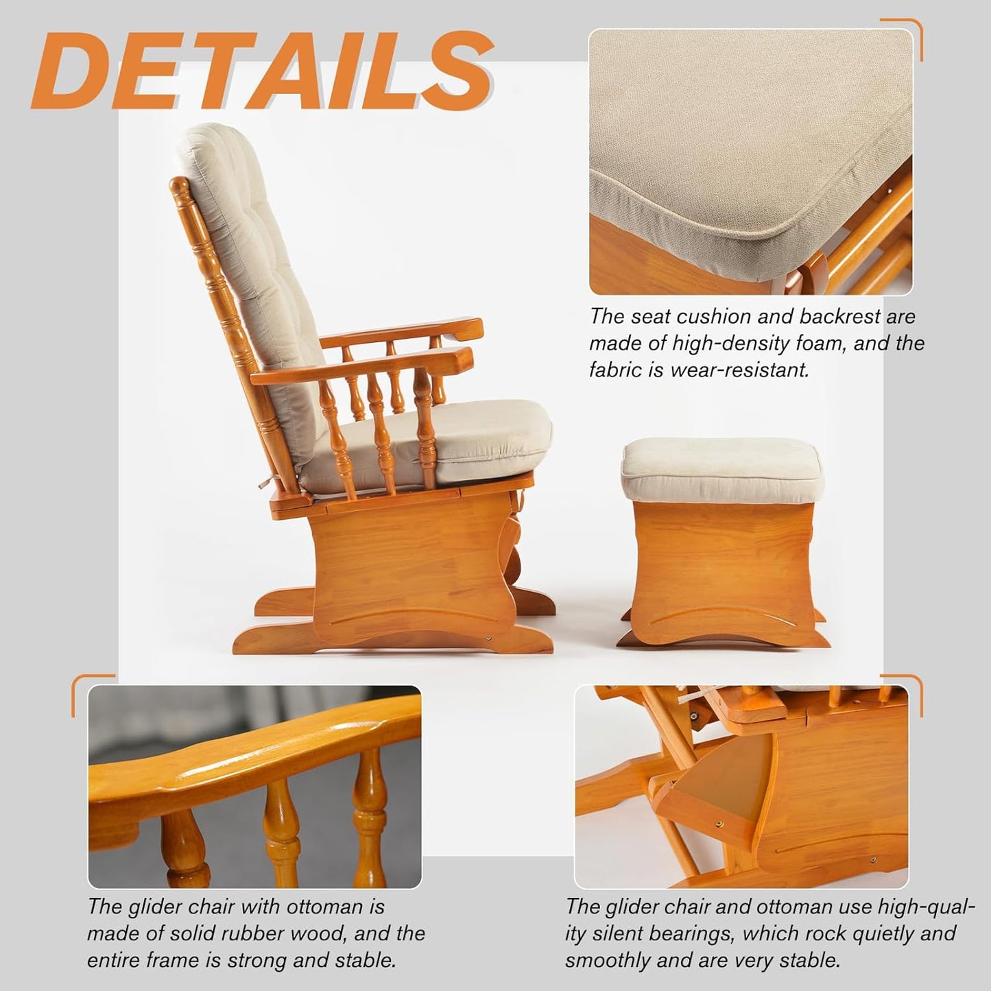 Glider Rocking Chair with Ottoman Set, Solid Wood Nursery Glider Rocker with Padded Cushion, High Back Upholstered Swivel Glider for Living Room, Nursing, Reading, 280LBS Weight Capacity,Oak+Khaki