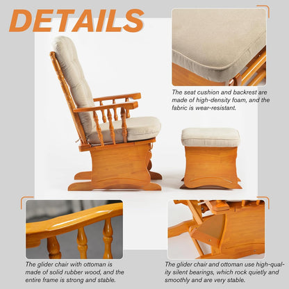 Glider Rocking Chair with Ottoman Set, Solid Wood Nursery Glider Rocker with Padded Cushion, High Back Upholstered Swivel Glider for Living Room, Nursing, Reading, 280LBS Weight Capacity,Oak+Khaki