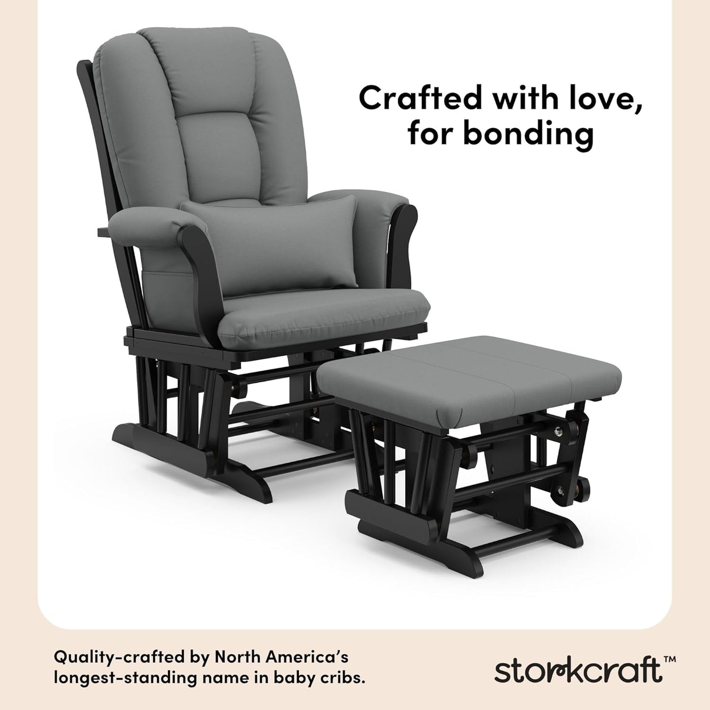 Storkcraft Tuscany Glider with Ottoman (Black/Gray) — GREENGUARD Gold Certified, Bonus Lumbar Cushion Included, Solid Wood Base, Smooth Motion, Award-Winning Nursery Rocking Chair, Glider and Ottoman
