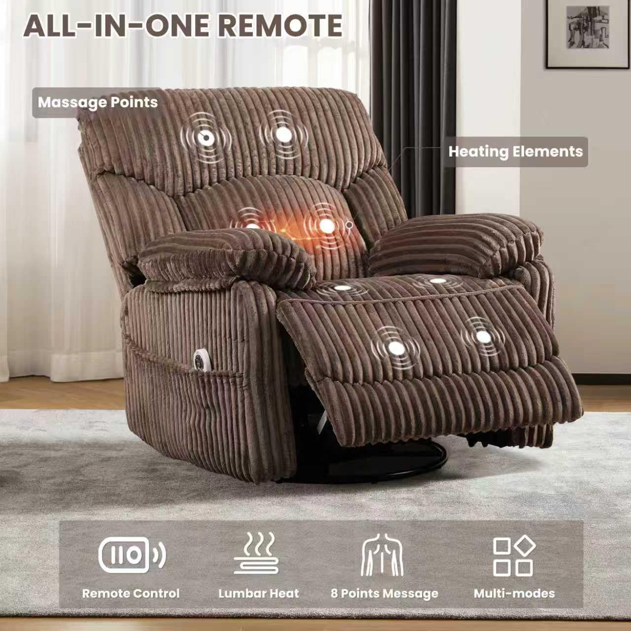 GRAINELL Oversize Power Swivel Recliner, 40in Wide Electric Glider Rocking Chair with Headrest Adjustment, USB Port, 270° Swivel, Rock 30° – for Living Room, Nursery, Black (5" 7' to 6" 1' Height)