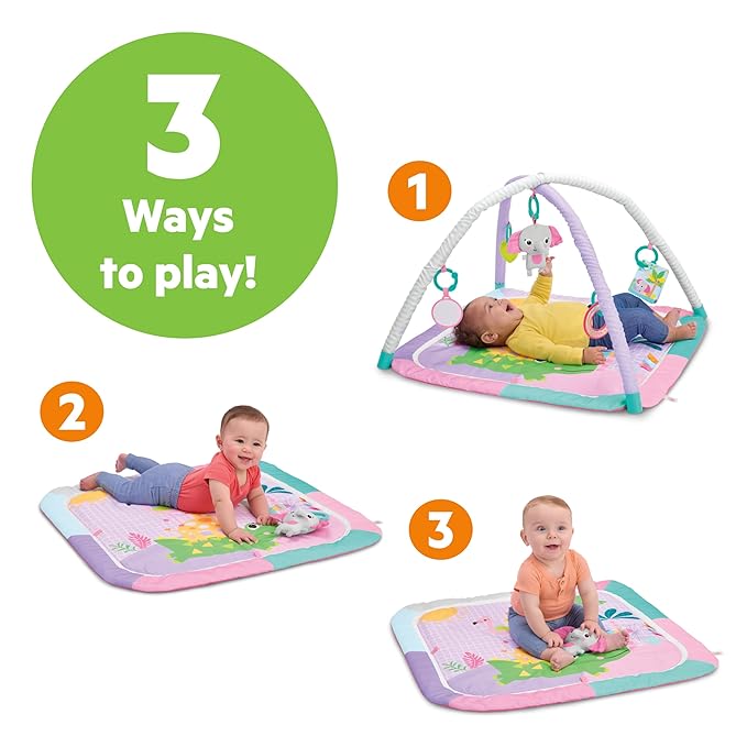 Bright Starts Wild Wiggles Sweet Safari Foldaway Baby Play Gym & Mat, Foldable with 5 Removable Toys, Machine-Washable Mat, for Ages 0-36 Months