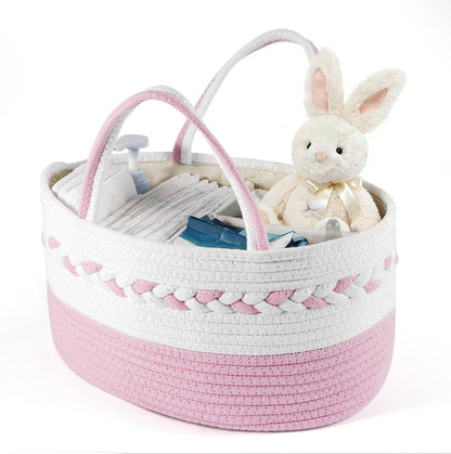 Diaper caddy Organizer, Cotton Rope Gift Basket with Removable Divider, Nursery Storage Organizer for Baby Essentials, Changing Table Diaper Storage Caddy (Pink)