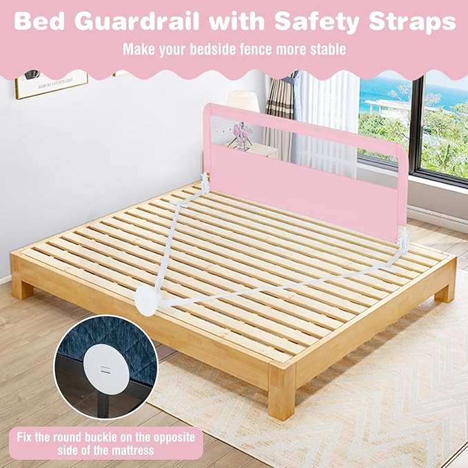 INFANS Bed Rail for Toddlers, 58" Foldable Safety Baby Crib Rail Fit for Kids Twin, Extra Long Swing Down Bed Guardrail for Convertible Crib, Queen, Full, King Mattress Side Guard (Pink)