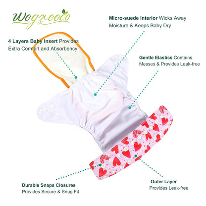 wegreeco Cloth Diapers 6 Pack with 6 Inserts & 1 Wet Bag, Washable Cloth Diapers for Babies, One Size Adjustable Reusable (Flower)