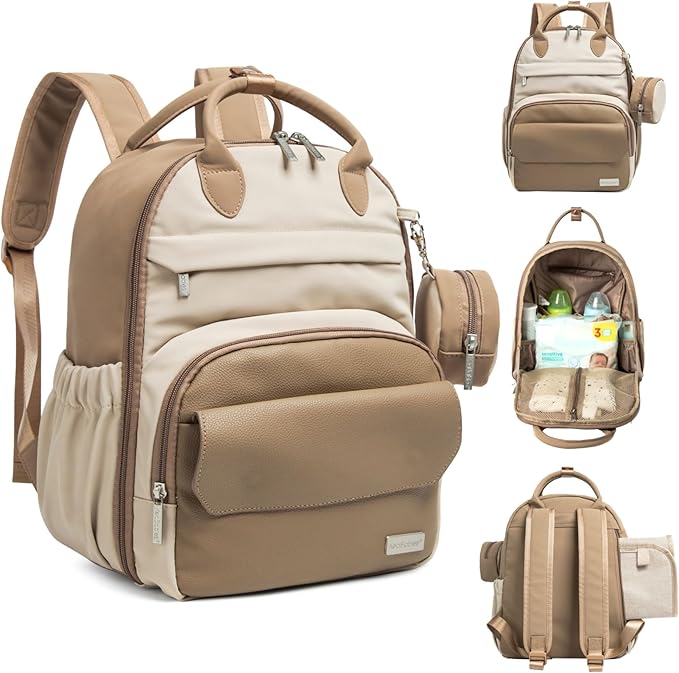 KeaBabies Diaper Bag Backpack - Small Multifunctional Travel Diaper Back Packs, Maternity Baby Changing Bags, 12L Capacity, PU Leather, Waterproof, Unisex, Nappy Changing Pad (Latte, Small)