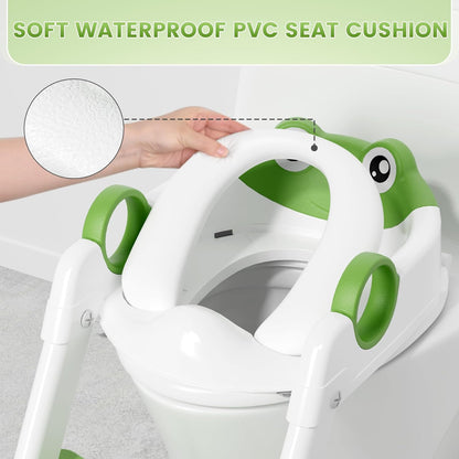 COOSEYA Frog Toilet Seat, Potty Training Seat for Toddler, Upgrade Potty Training 2 in 1 Toddler Toilet Seat for Boys Girls,Waterproof Soft Mat Non-Slip Step Stool