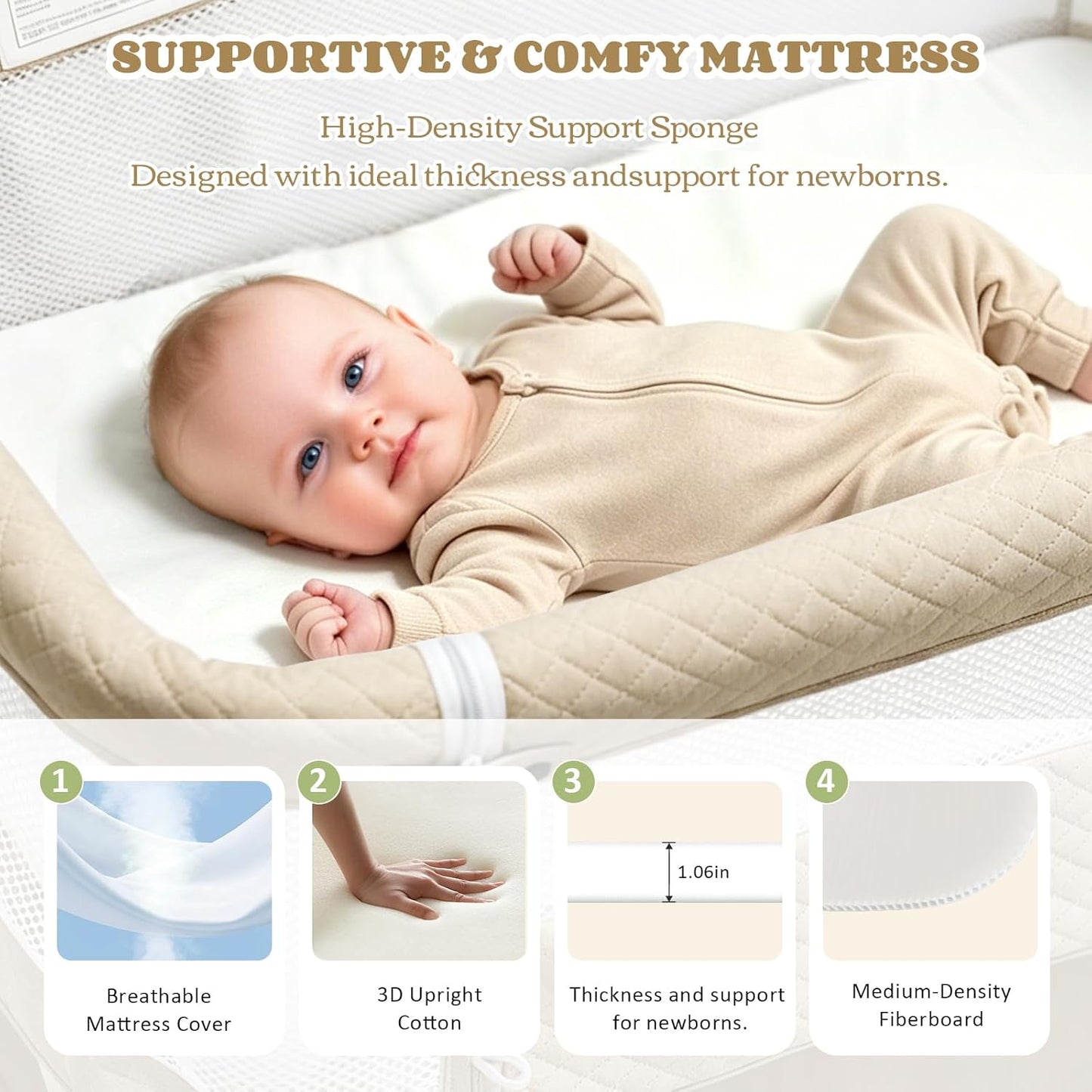 Baby Bassinet, 3-in-1 Baby Bassinets Bedside Sleeper for Newborn with Breathable Mesh, Portable Baby Crib with 4- Adjustable Height, Mattress, Storage Basket & Lockable Wheels, CPSC Beige