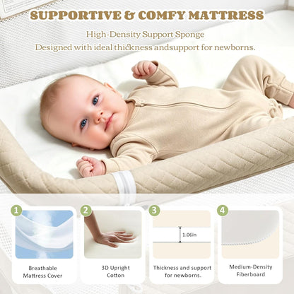 Baby Bassinet, 3-in-1 Baby Bassinets Bedside Sleeper for Newborn with Breathable Mesh, Portable Baby Crib with 4- Adjustable Height, Mattress, Storage Basket & Lockable Wheels, CPSC Beige