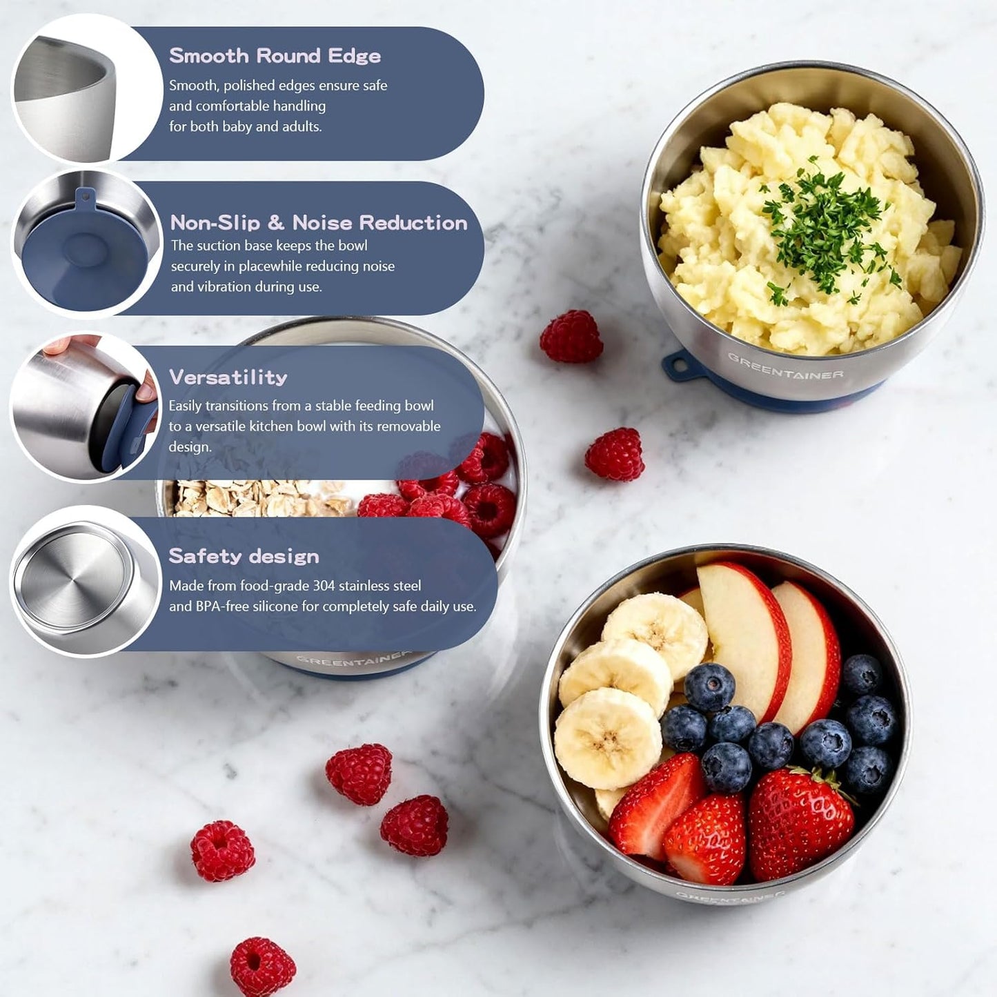 Greentainer Stainless Steel Baby Bowl Set of 3, Double Wall Insulated, Unbreakable Toddler Bowls with Removable Silicone Suction Base, Non-Slip, Dishwasher Safe, BPA-Free for Infants 6+ Months (Green)