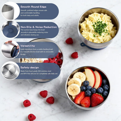 Greentainer Stainless Steel Baby Bowl Set of 3, Double Wall Insulated, Unbreakable Toddler Bowls with Removable Silicone Suction Base, Non-Slip, Dishwasher Safe, BPA-Free for Infants 6+ Months (Green)