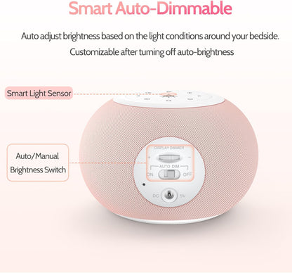 Reacher Auto-Dimmable Alarm Clock White Noise Machine with Night Light, 20 Soothing Sounds, Sleep Timer, Fabric LED Display, Precise Volume Control, Small Sound Machine for Nursery, Baby