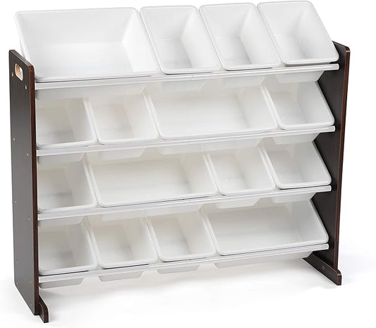Humble Crew Toy Storage Organizer with 16 Removable Storage Bins for Kids Playroom, 4-Tier Toddler Toy Organization and Storage, Espresso/White