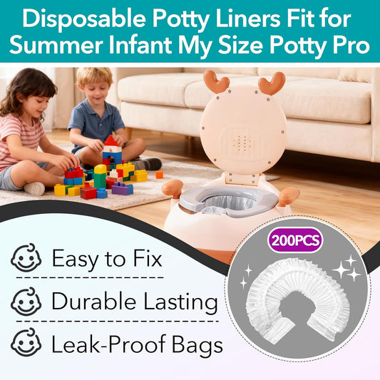 200 Pcs Potty Liners for Summer Infant My Size Potty Pro, Disposable Potty Bags with Elastic Edge, Easy-Clean Design for Toddler Training, Fits Most Potty Chairs, Portable Toilets & Travel Potties