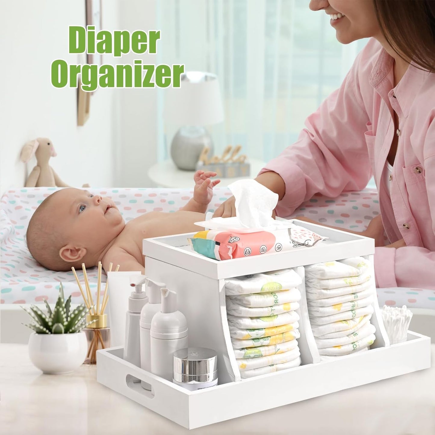 Diaper Caddy Organizer, Changing Table Organizer, Wooden Diaper Organizer for Nursery, Baby Diaper Storage Organizer with Removable Dividers (Brown, Rectangular Size)