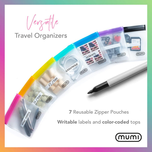 MUMI Single Dose Kit – 7pc (2.36” x 6.14”) Reusable Protein Powder Travel Container Packets with Zip-Up Bag (8” x 5”) & Funnel | Protein Powder Container to Go, Travel Powder Containers & Organizer