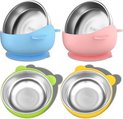 Bakpoco Toddler Bowls with suction & Utensils Set, 2-in-1 Stainless Steel 304 Kids Feeding Bowl & Silicone Suction Baby Bowl with Spoons and Forks, First Self-feeding Training Set, Organic Bloom