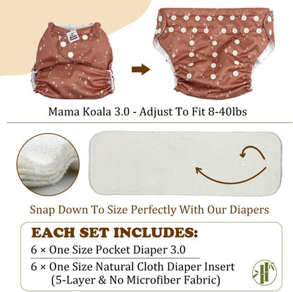 Mama Koala 3.0 Pocket Cloth Diapers for Babies with AWJ Lining, 6 Pack with 6 4-Layer Natural Cloth Diaper Inserts - Reusable and Washable Pocket Diapers(Hardworking Bees) - Colors B