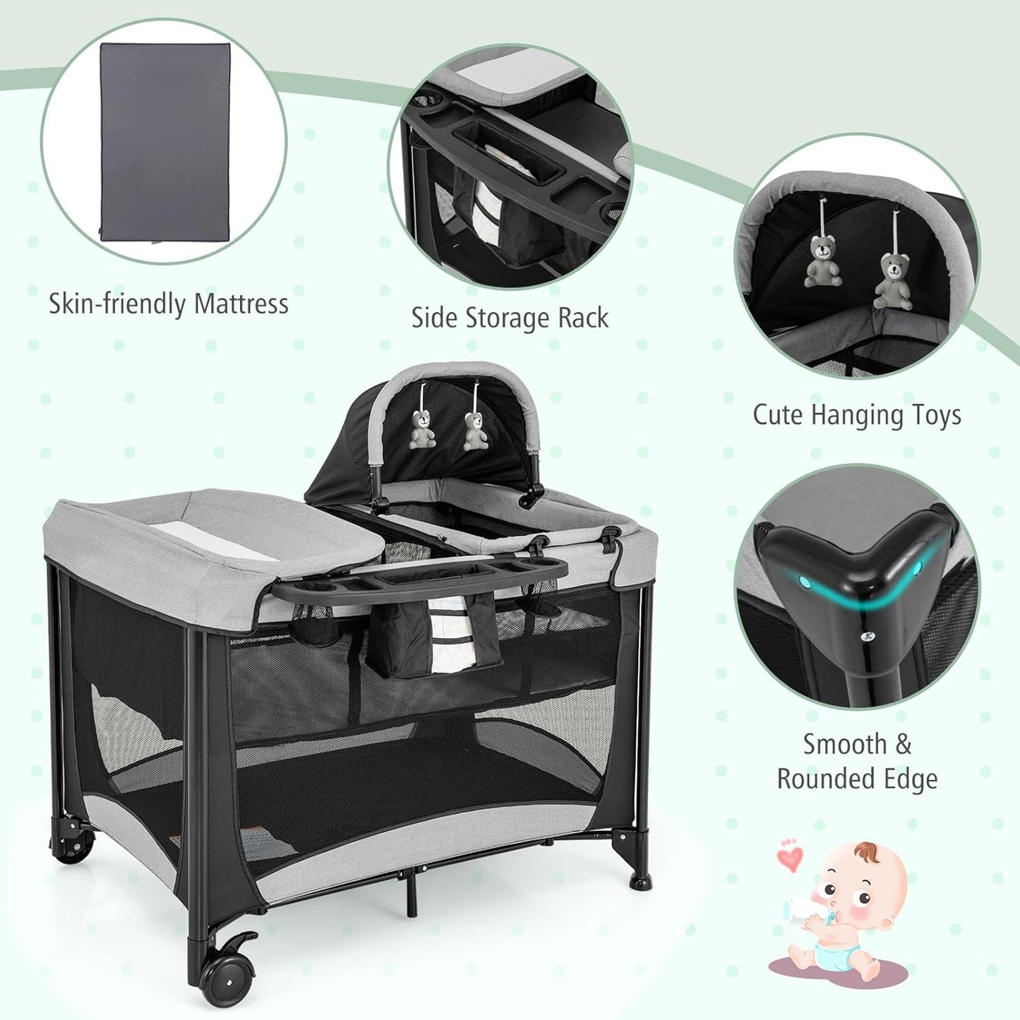 HONEY JOY Pack and Play, 5 in 1 Portable Infant Playpen with Bassinet & Changing Table, Storage Bag, Music Box, Toys, Carry Bag, Nursery Center, Baby Playard Pack n Play Crib for Boys Girls