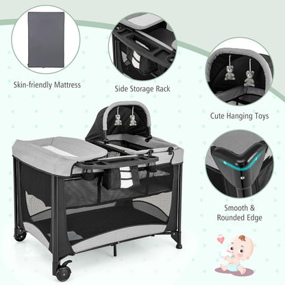 HONEY JOY Pack and Play, 5 in 1 Portable Infant Playpen with Bassinet & Changing Table, Storage Bag, Music Box, Toys, Carry Bag, Nursery Center, Baby Playard Pack n Play Crib for Boys Girls