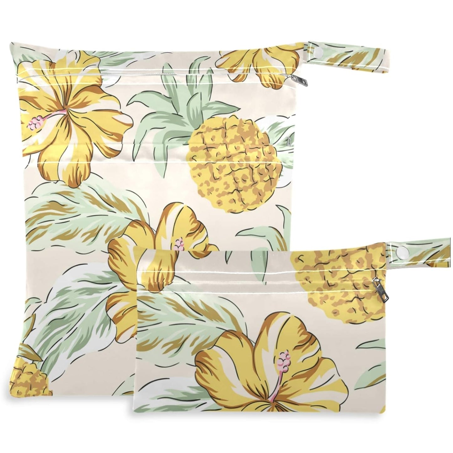 visesunny Yellow Dinosaurs Volcano and Palm Tree 2Pcs Wet Bag with Zippered Pockets Washable Reusable Roomy for Travel,Beach,Pool,Daycare,Stroller,Diapers,Dirty Gym Clothes, Wet Swimsuits, Toiletries