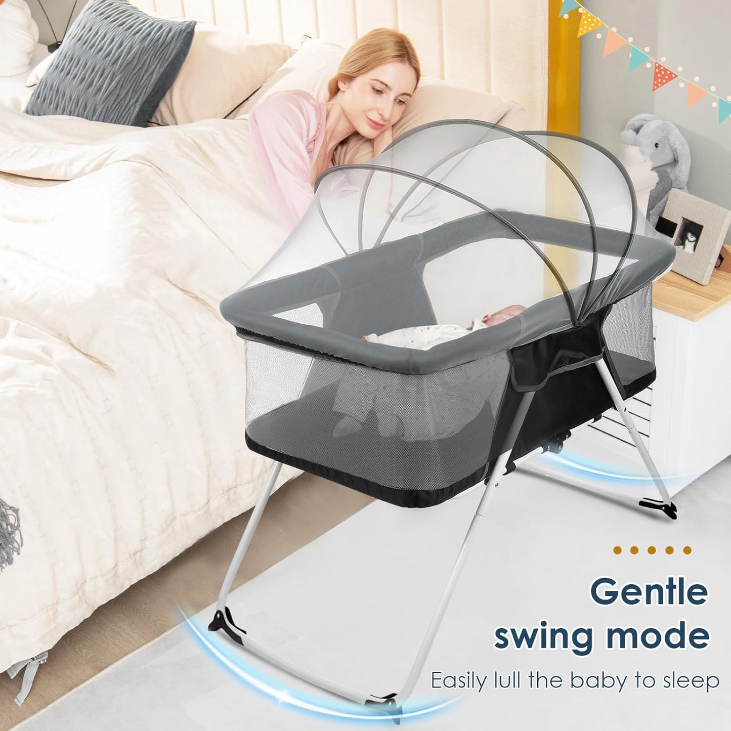 Portable Baby Bassinet - Foldable Bedside Bassinet, Lightweight Playpen with Mosquito Net, 42.5 x 40.2 x 20.8 inches, Black
