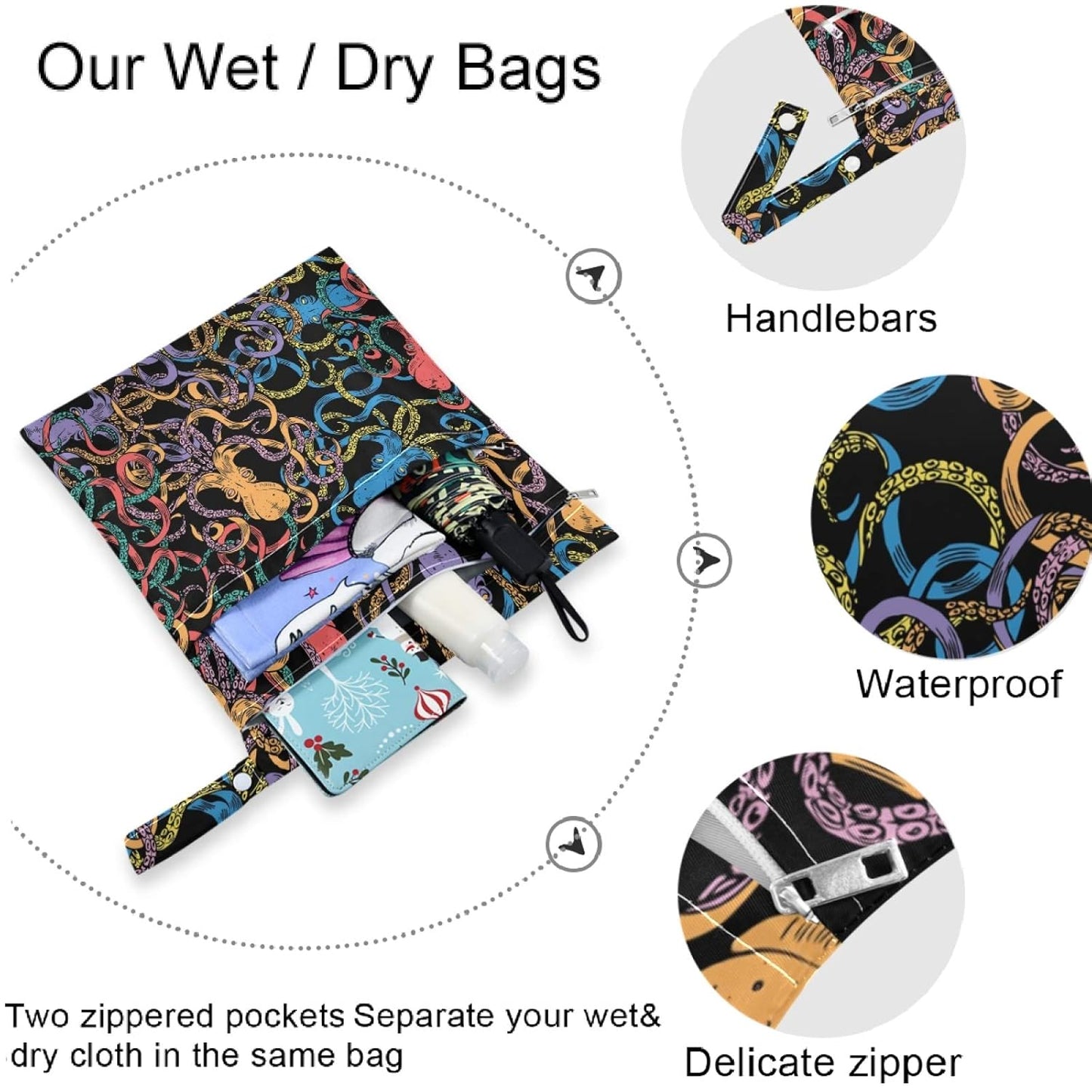 visesunny Yellow Dinosaurs Volcano and Palm Tree 2Pcs Wet Bag with Zippered Pockets Washable Reusable Roomy for Travel,Beach,Pool,Daycare,Stroller,Diapers,Dirty Gym Clothes, Wet Swimsuits, Toiletries