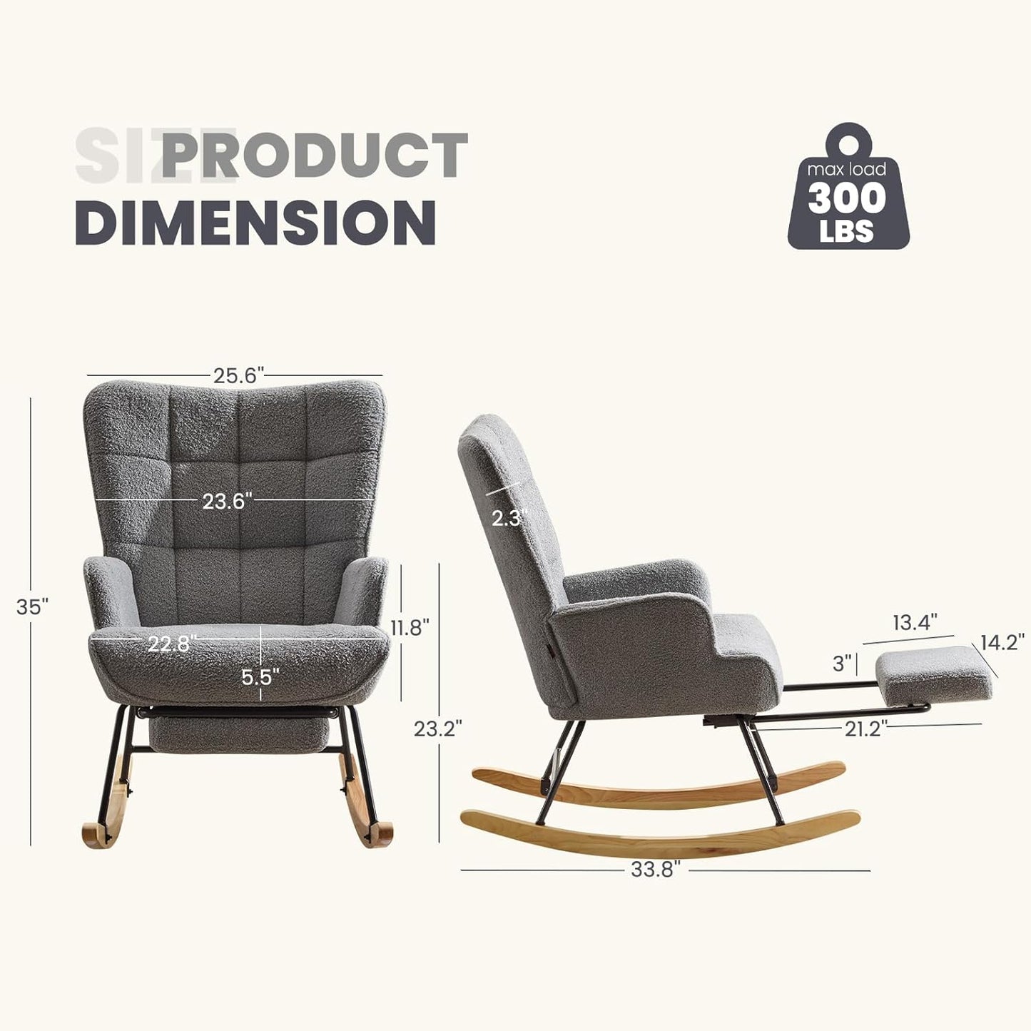 Furniliving Nursery Rocking Chair Modern Armchair Upholstered Glider Rocking Chair Accent Chair with Retractable Footrest Reading Chair with High Backrest Solid Wood Base for Bedroom, White, Teddy