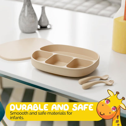 Toddler Necessities Baby Feeding Essentials Set for Baby in Green Color with Baby plates with Suction and Silicone Utensil Set - (3 Pieces)