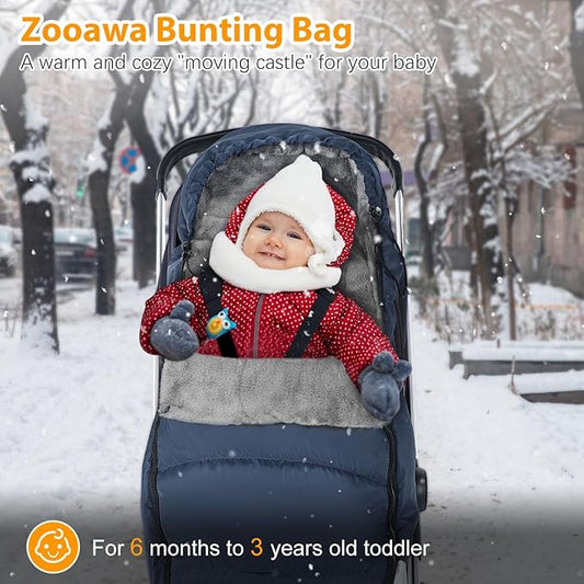 Zooawa Stroller Bunting Bag Universal, Waterproof Baby Stroller Footmuff, Stroller Sleeping Bag for Cold Weather, Extra Thick, Fits 6-36 Months Baby, Dark Blue