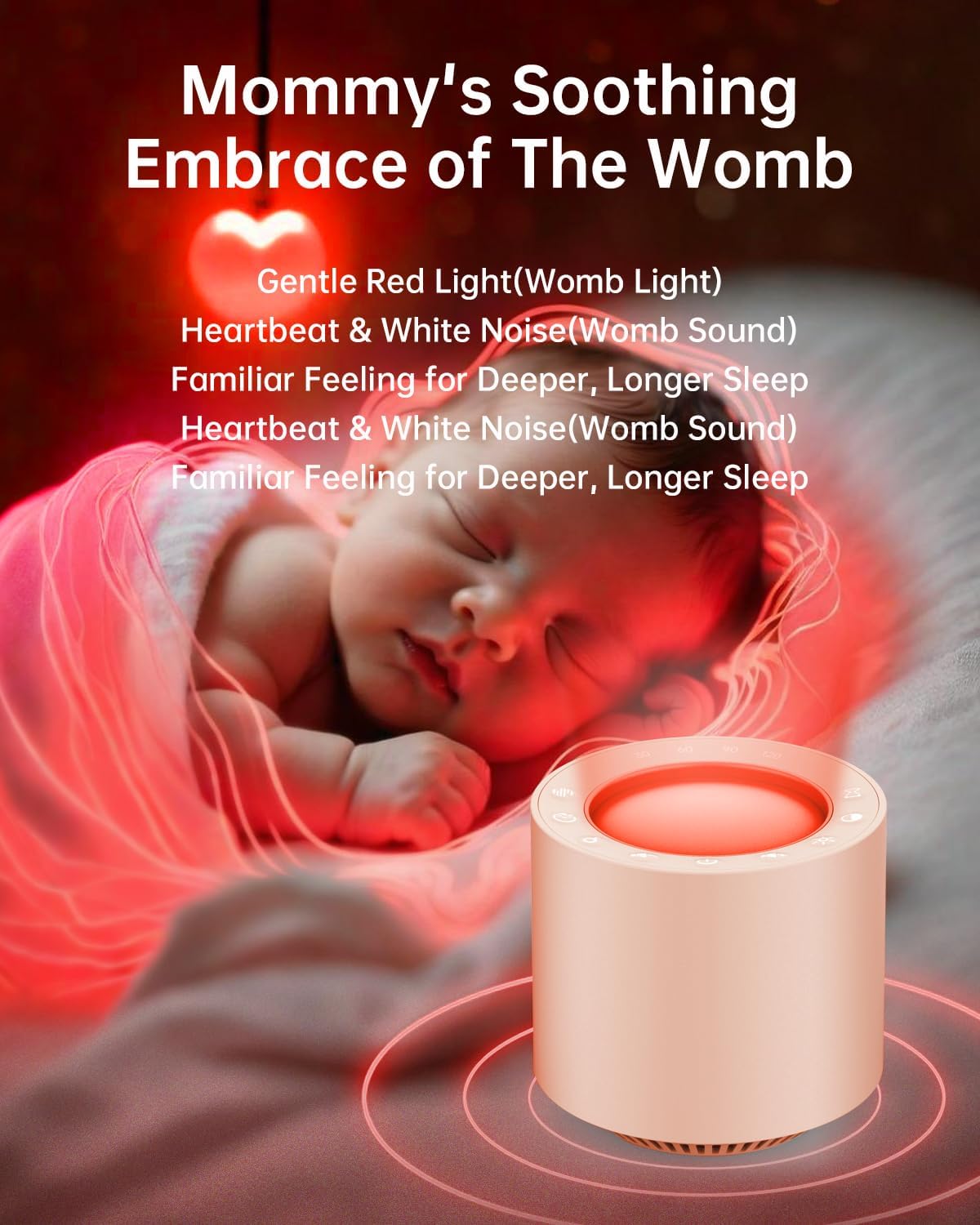 White Noise Sound Machine: Red Light Therapy Sleep Sound Machine with 38 Soothing Sounds & Calming Womb Soother, Memory Function, Dimmable Nursery Night Light with Timer for Baby Adult Gift