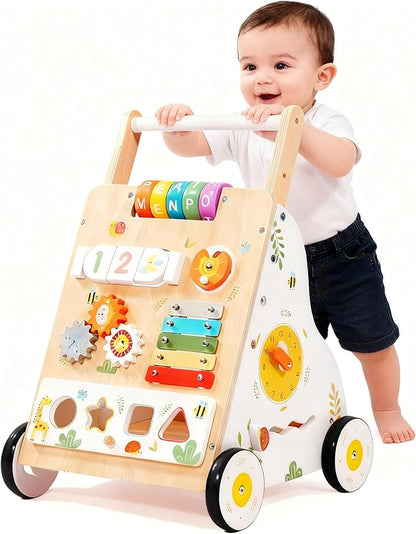 Wooden Baby Walker with Wheels,Adjustable Speed Baby Push Walker for Boys and Girls,Montessori Activity Center Walking Toys for 1 Year Old Learning to Walk,First Birthday Gift