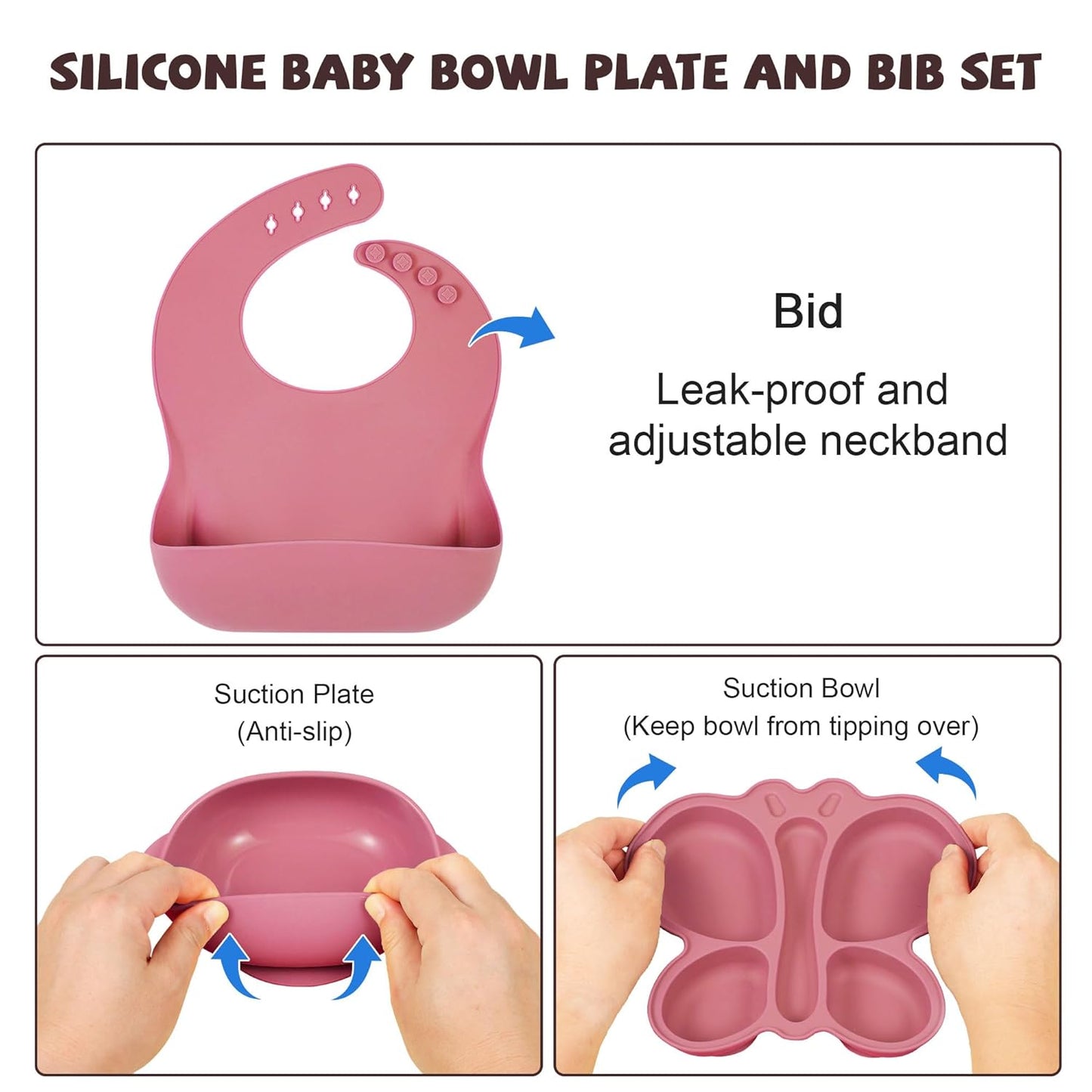 Silicone Baby Feeding Set, Baby Led Weaning Supplies, Baby Food Tableware Silicone Suction Plate, Bowl, Spoons, Fork, Waterproof Bib, Cup & Complementary Food Cake Mold, Baby Eating Utensils