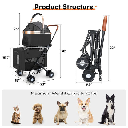 Double Pet Stroller for Small Medium Dogs - 4 In1 Dog Stroller for 2 Pets, Detachable and Foldable with 360°Rotating Wheels, Easy Assembly and Compact Size
