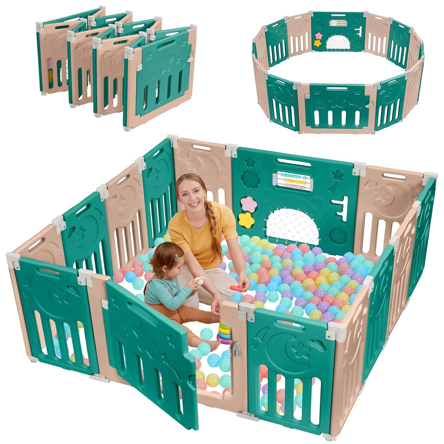 Baby Playpen, Dripex Baby Playard for Babies and Toddlers, 14-Panel Foldable Playpen Adjustable Portable Play Area, Indoor/Outdoor Kids Active Center with Game Panel & Safety Gate, Grey White