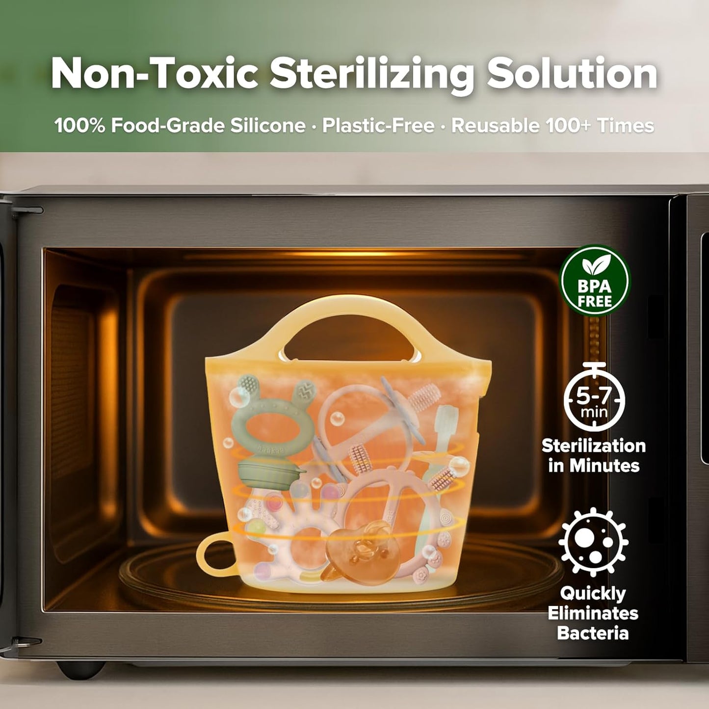 Haakaa On-The-Go Silicone Microwave Steam Sterilizer Bags for Travel, 40oz/1250ml Reusable Silicone Steaming Bags for Baby Bottles, Breast Pump, Accessories, Pacifiers, Teethers,Grey/1PC