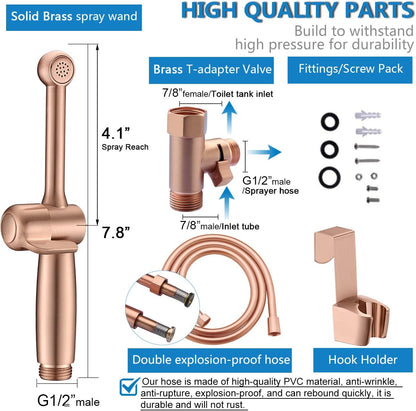SonTiy Handheld Bidet Toilet Sprayer Kit, Rose Gold Hand Held Bidet Attachment Metal Cloth Diaper Toilet Sprayer with Backflow Preventer, Adjustable Water Jet Spray for Toilet, 7.9" Long Bidet Wand
